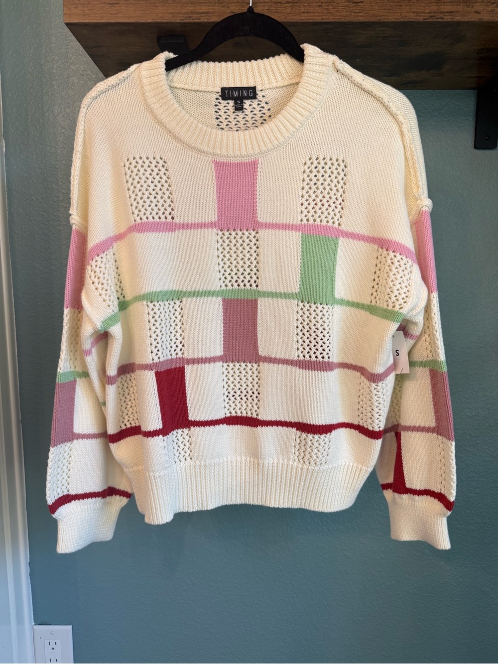 Timing Oversized Open Knit Sweater NWT Pastel Plaid Chunky Sweater Small